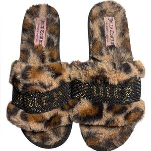 Vintage Juicy Couture Furry Leopard Slippers Slides 90s Y2K Sz L